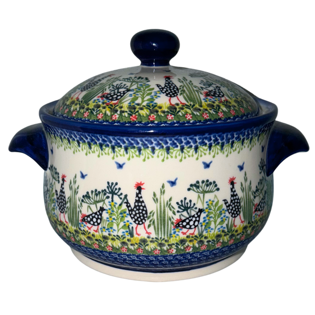 Ceramika Kalich Pattern 950 Polka Chicken Polish pottery with hand-painted hens and floral garden design.