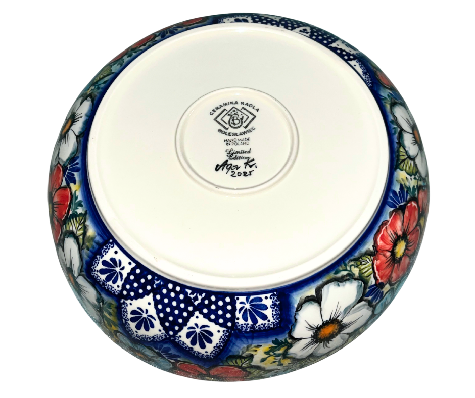 Limited edition 12.25x12.5x3.25 ceramic bowl by Kaola Studio, signed by Aga K. Features red, white & blue florals with cobalt mandala center. Handmade in Poland.