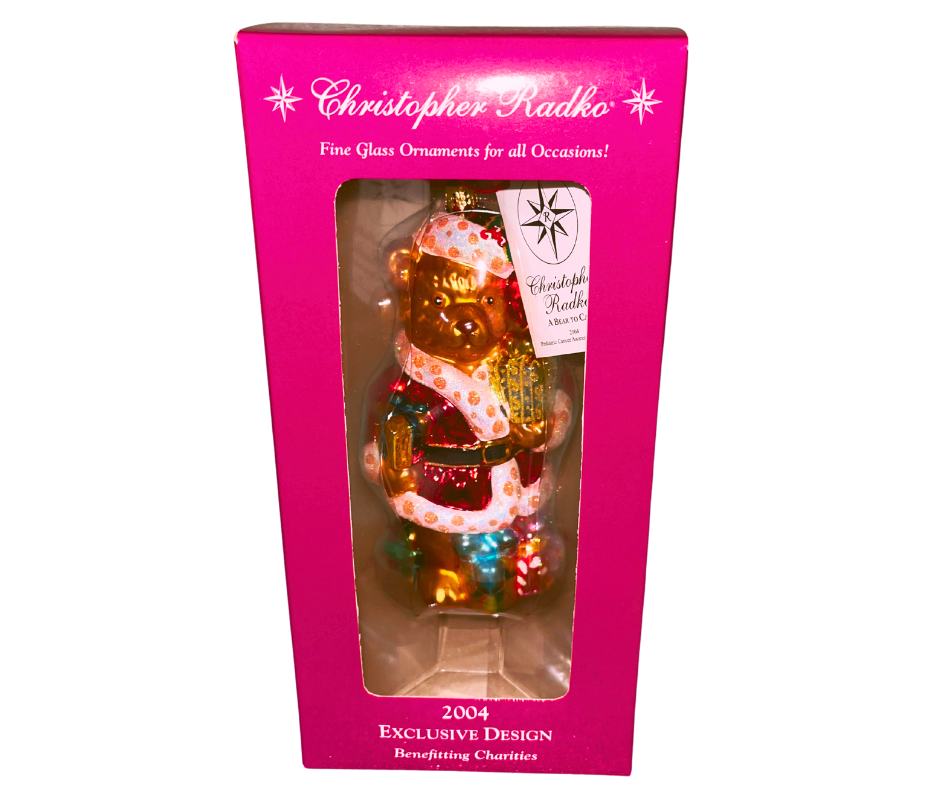 Christopher Radko 1011260 “A Bear to Care” 2004 exclusive glass ornament. Handcrafted European design benefitting charities. Retired collectible in gift box.