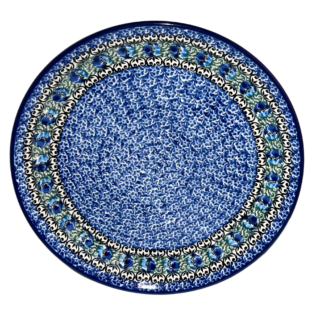 Hand-painted Ceramika Artystyczna Polish pottery in Pattern 1513X Peacock Feather. Elegant cobalt feather motifs with green vines. Durable stoneware, dishwasher, microwave, oven and freezer safe.