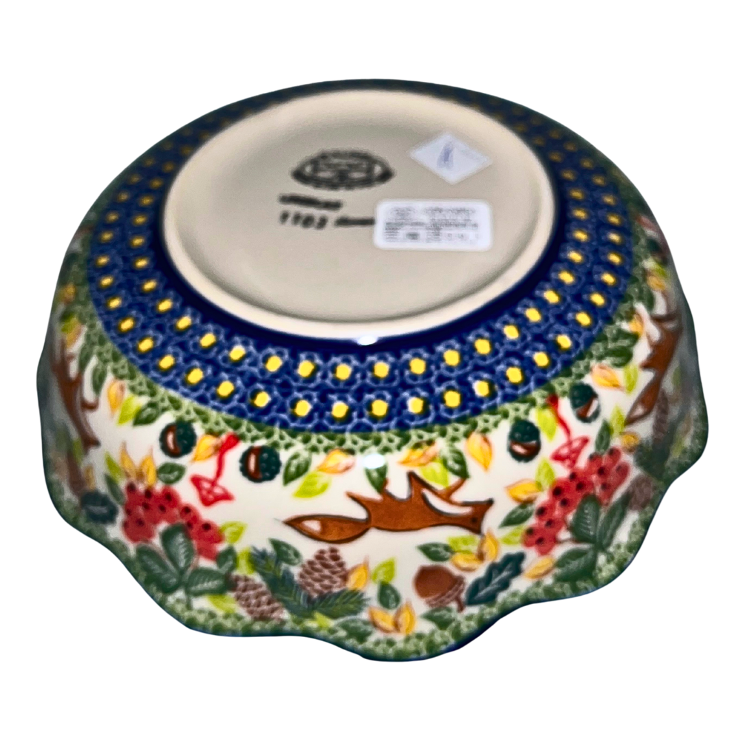 Kalich Polish Pottery 9 inch Bowl with scalloped edges in pattern 1103 fox and acorns.