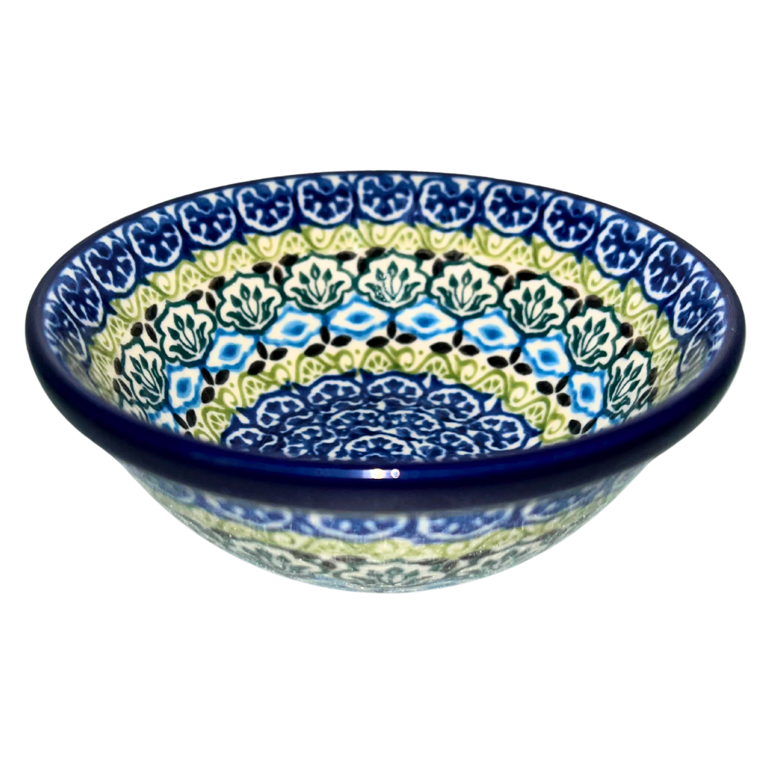 Ceramika Artystyczna 1858X Tranquility features layered cobalt, blue, and green geometric florals with symmetrical bands and classic rim; hand-painted traditional Polish pottery design.