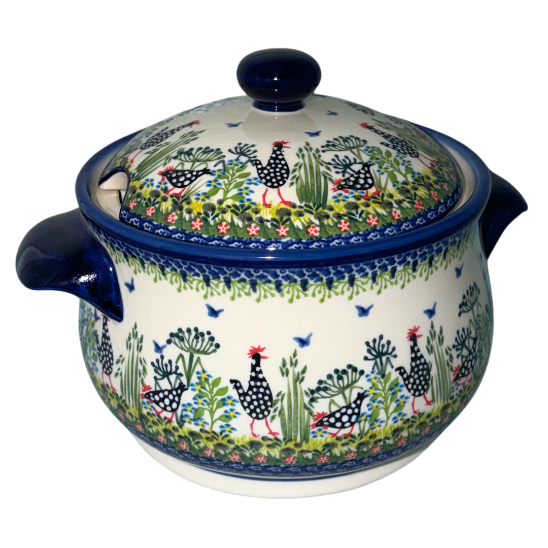 Ceramika Kalich Pattern 950 Polka Chicken Polish pottery with hand-painted hens and floral garden design.