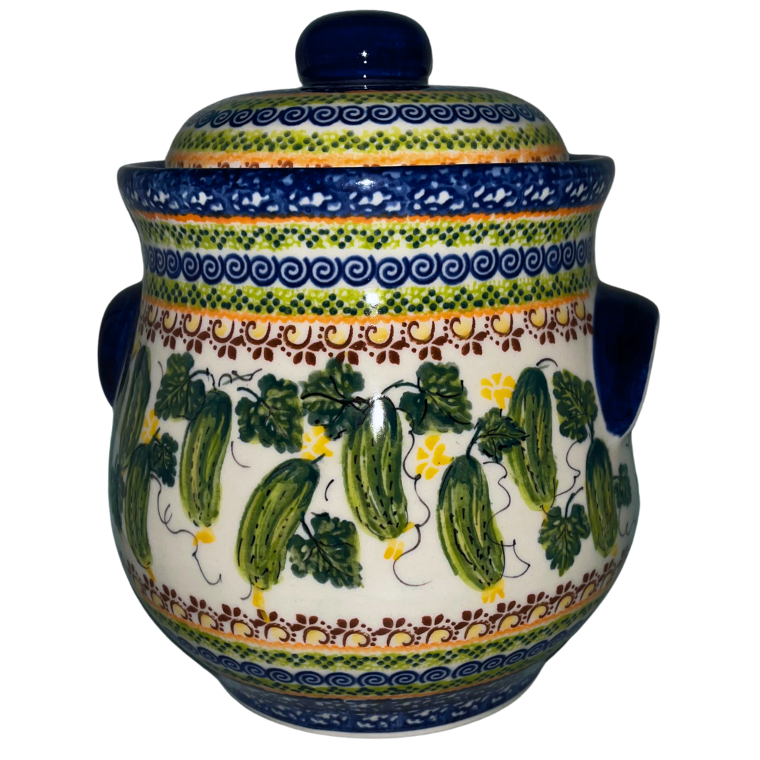 Kalich Polish Pottery 101 oz Pickle Jar – hand-painted cucumbers. Food-safe stoneware from Bolesławiec, perfect for pickling, storage, and home décor. Dishwasher safe.