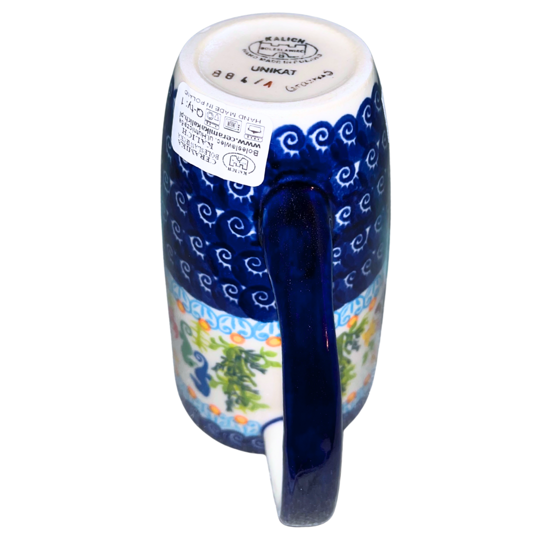 Handmade Ceramika Kalich Polish pottery in Pattern 884 Sealife with Red Crabs. Colorful coastal design featuring seahorses, starfish, and crabs. Microwave and dishwasher safe stoneware.