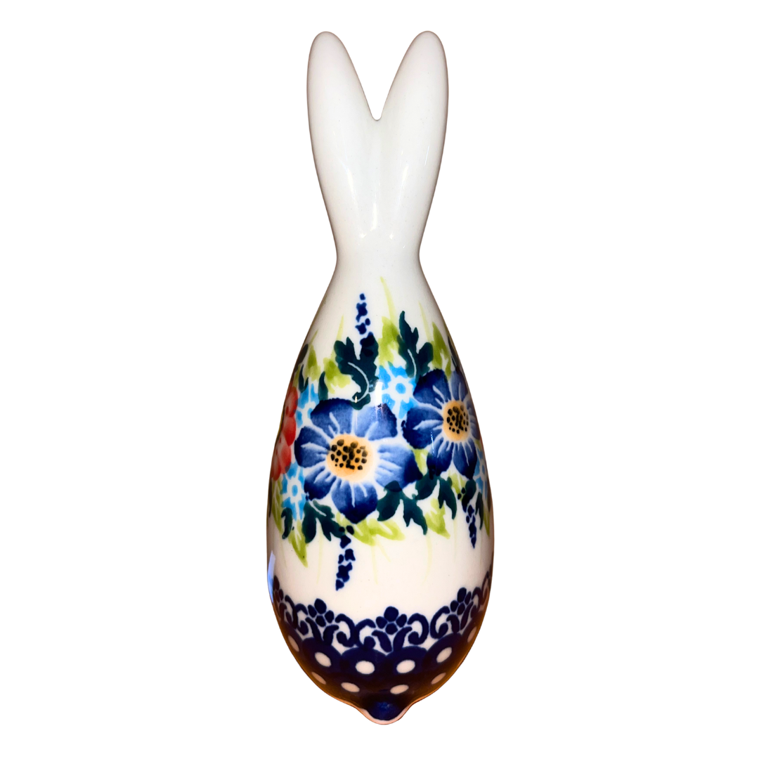5.75" Polish pottery bunny by Kaola, hand-painted in red & blue flowers. Glossy, durable, collectible ceramic figurine.