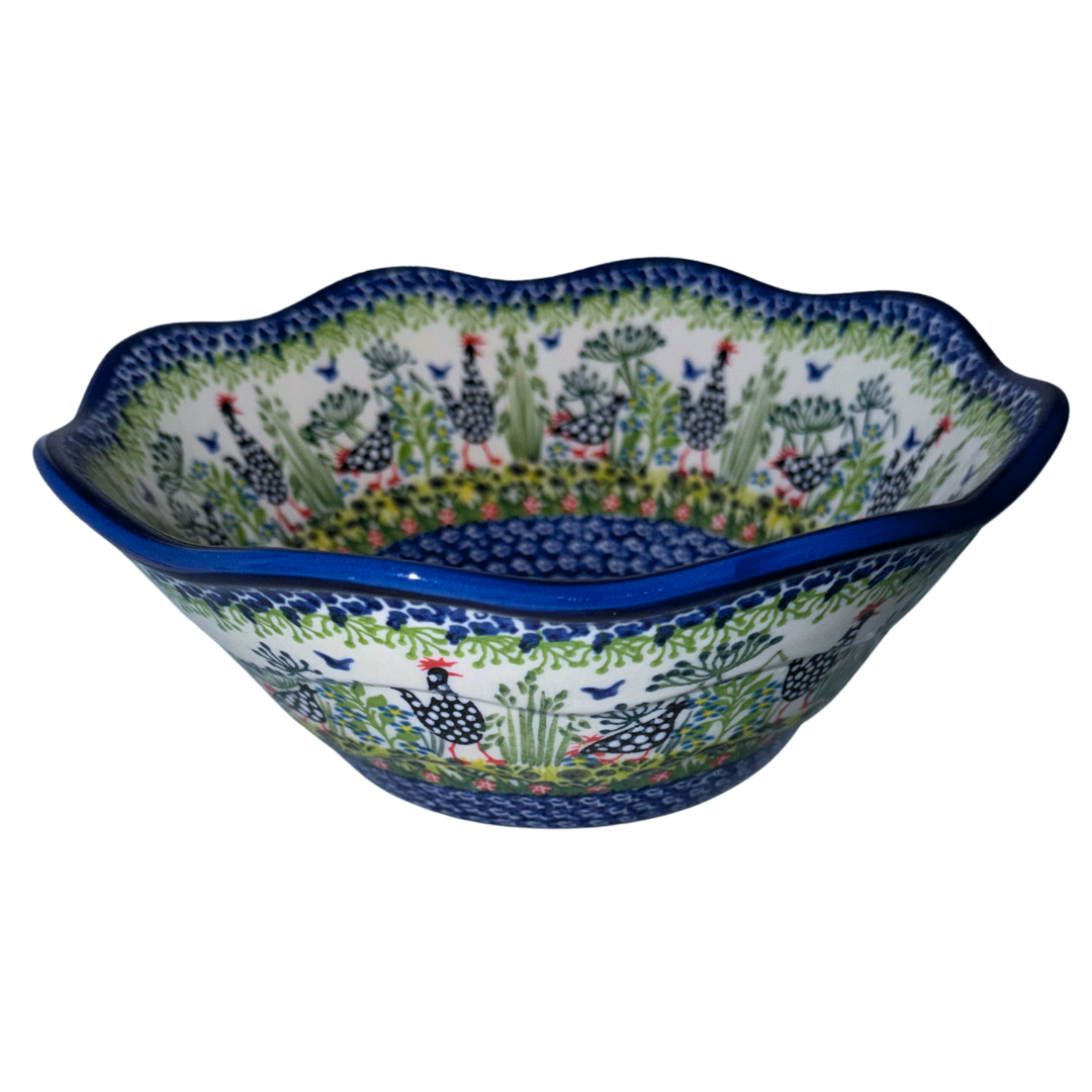 Ceramika Kalich Pattern 950 Polka Chicken Polish pottery with hand-painted hens and floral garden design. Authentic Bolesławiec stoneware, durable, dishwasher, microwave, and oven safe.