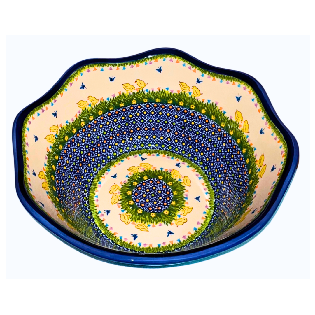 Kalich 11" wavy bowl, Unikat 757 Chicks pattern. Hand-painted Polish pottery from Boleslawiec. Scalloped edge stoneware, perfect for Easter basket or spring centerpiece.