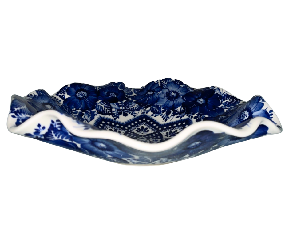 2025 limited edition 11 inch wavy edge bowl signed by A Pachum of Kaola Studio, hand painted cobalt floral Polish pottery centerpiece, 11 x 11 x 3.