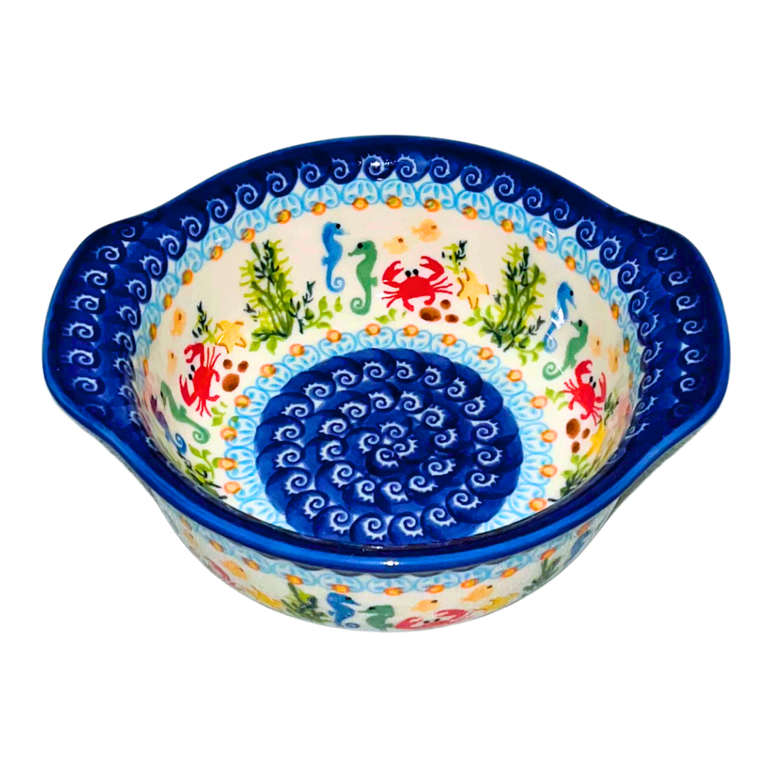 Handmade Ceramika Kalich Polish pottery in Pattern 884 Sealife with Red Crabs. Colorful coastal design featuring seahorses, starfish, and crabs. Microwave and dishwasher safe stoneware.