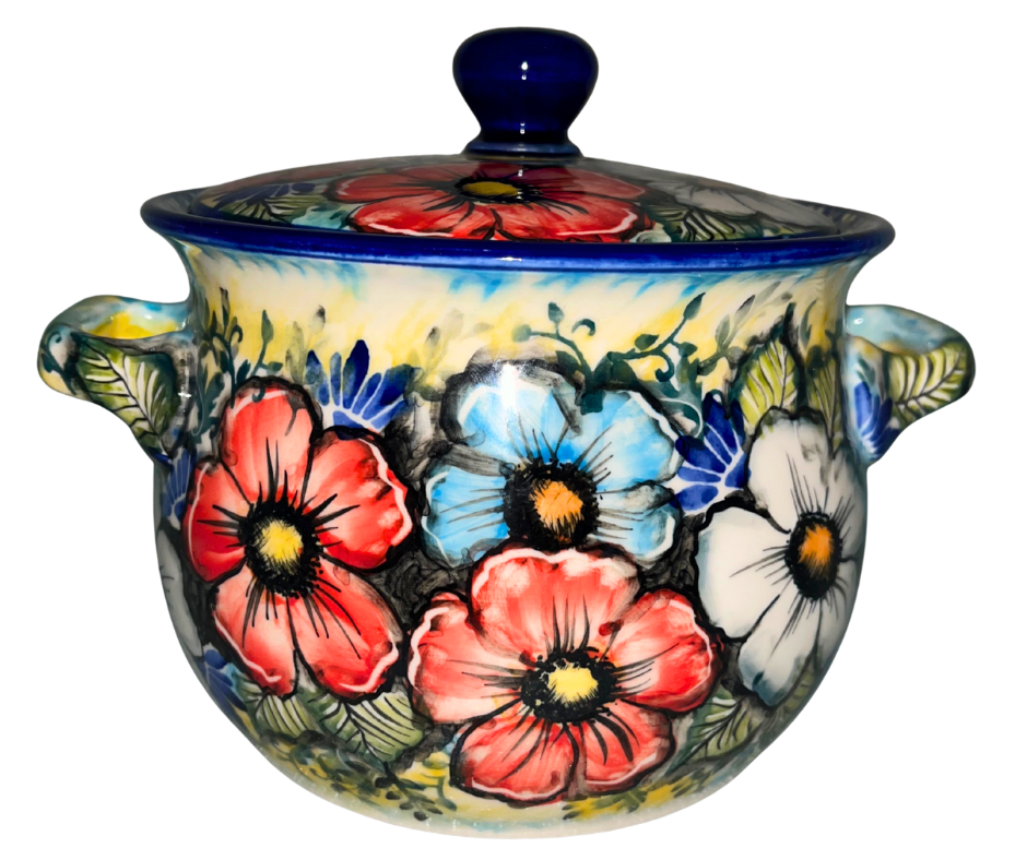 Limited Edition 2025 Kaola Polish Pottery container jar, hand-painted and signed by Aga K. Features vibrant red, white, and blue floral design. Handmade in Poland.
