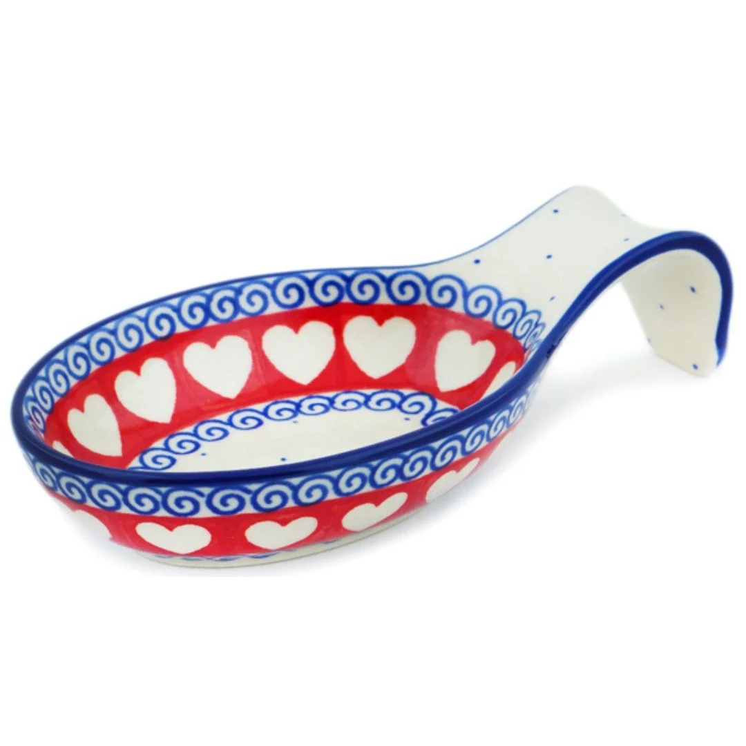 Ceramika Artystyczna Pattern 2535 Love Struck features bright red hearts and cobalt blue scrollwork. Hand-painted Polish pottery handcrafted in Bolesławiec, Poland.