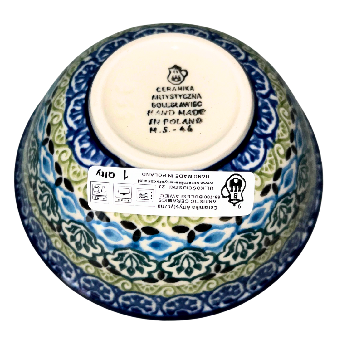 Ceramika Artystyczna 1858X Tranquility features layered cobalt, blue, and green geometric florals with symmetrical bands and classic rim; hand-painted traditional Polish pottery design.