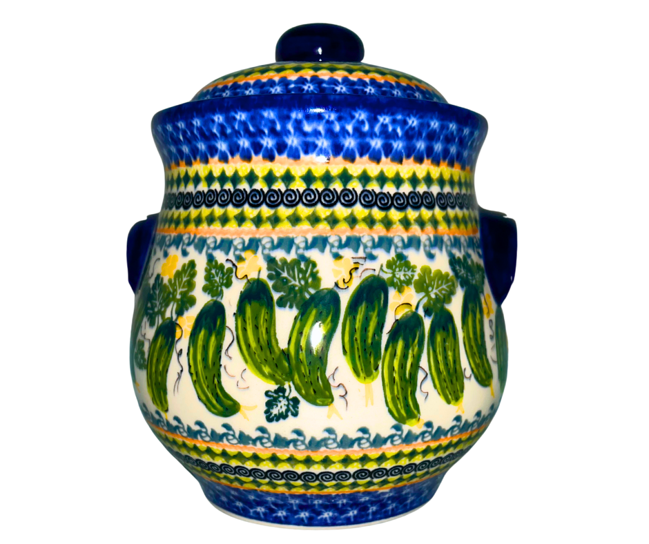 Kalich Polish Pottery 101 oz Pickle Jar – hand-painted cucumbers. Food-safe stoneware from Bolesławiec, perfect for pickling, storage, and home décor. Dishwasher safe.