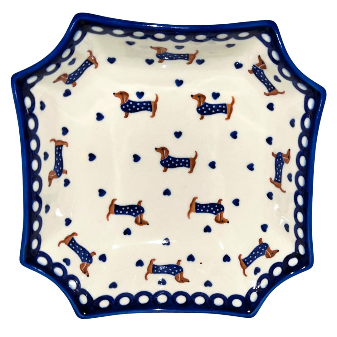 KALICH Polish Pottery 8 inch Octagonal Bowl 1322 Blue Dachshunds