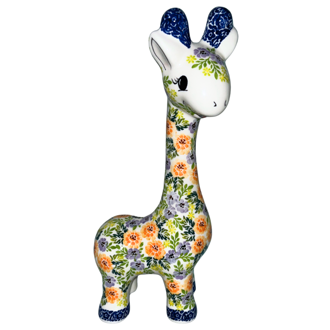 11" ceramic giraffe figurine with orange and lavender floral pattern and blue accents. Glossy finish decorative piece for home décor, nursery styling, or collectible display.