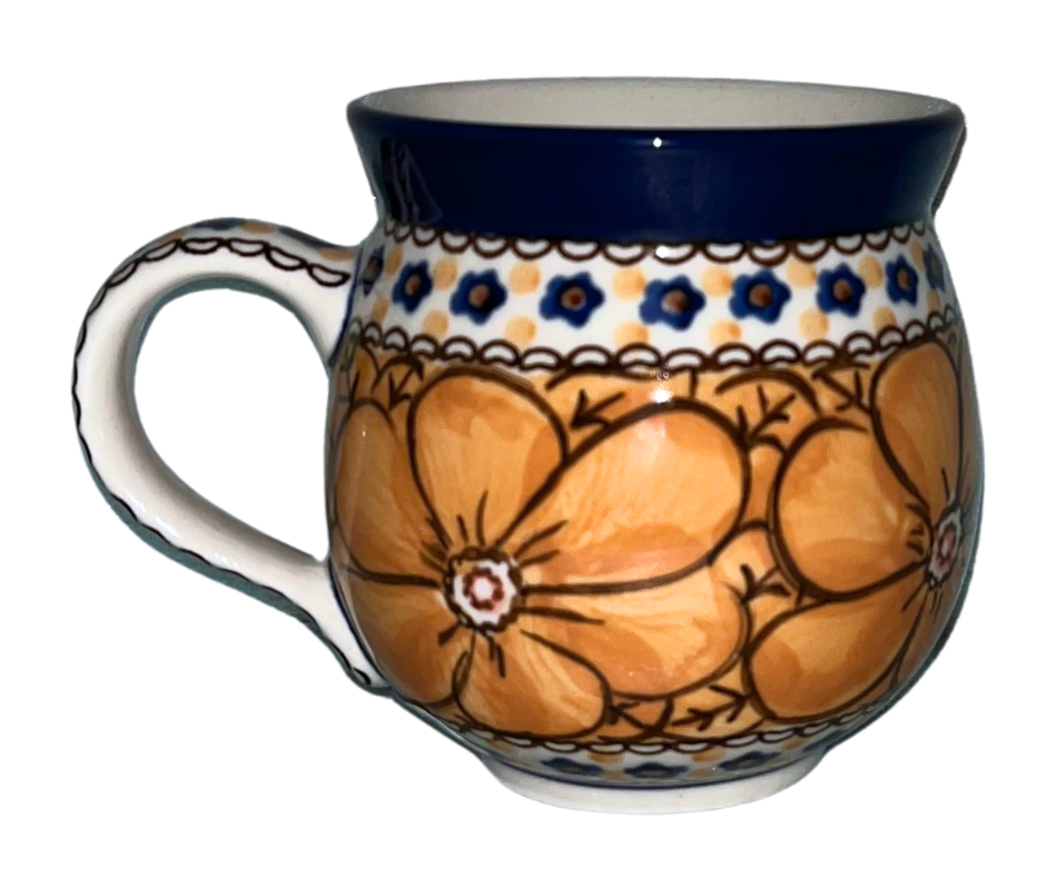 Hand-painted Ceramika Artystyczna Unikat 11 oz Bubble Mug in U408B Marigold Dreams by Jacek Chyła. Authentic Polish pottery from Bolesławiec, oven and dishwasher safe.