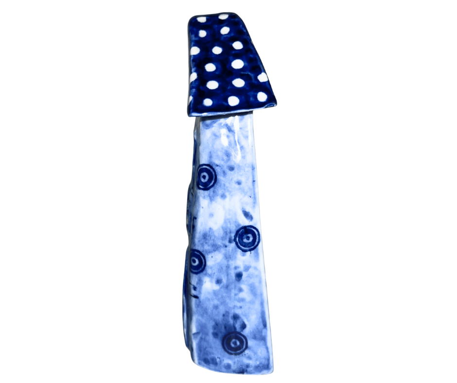 Handmade Polish pottery blue house by Kaola Studio. Whimsical folk art décor with a polka-dot roof, crafted in Poland. A charming accent for shelves or gifts.
