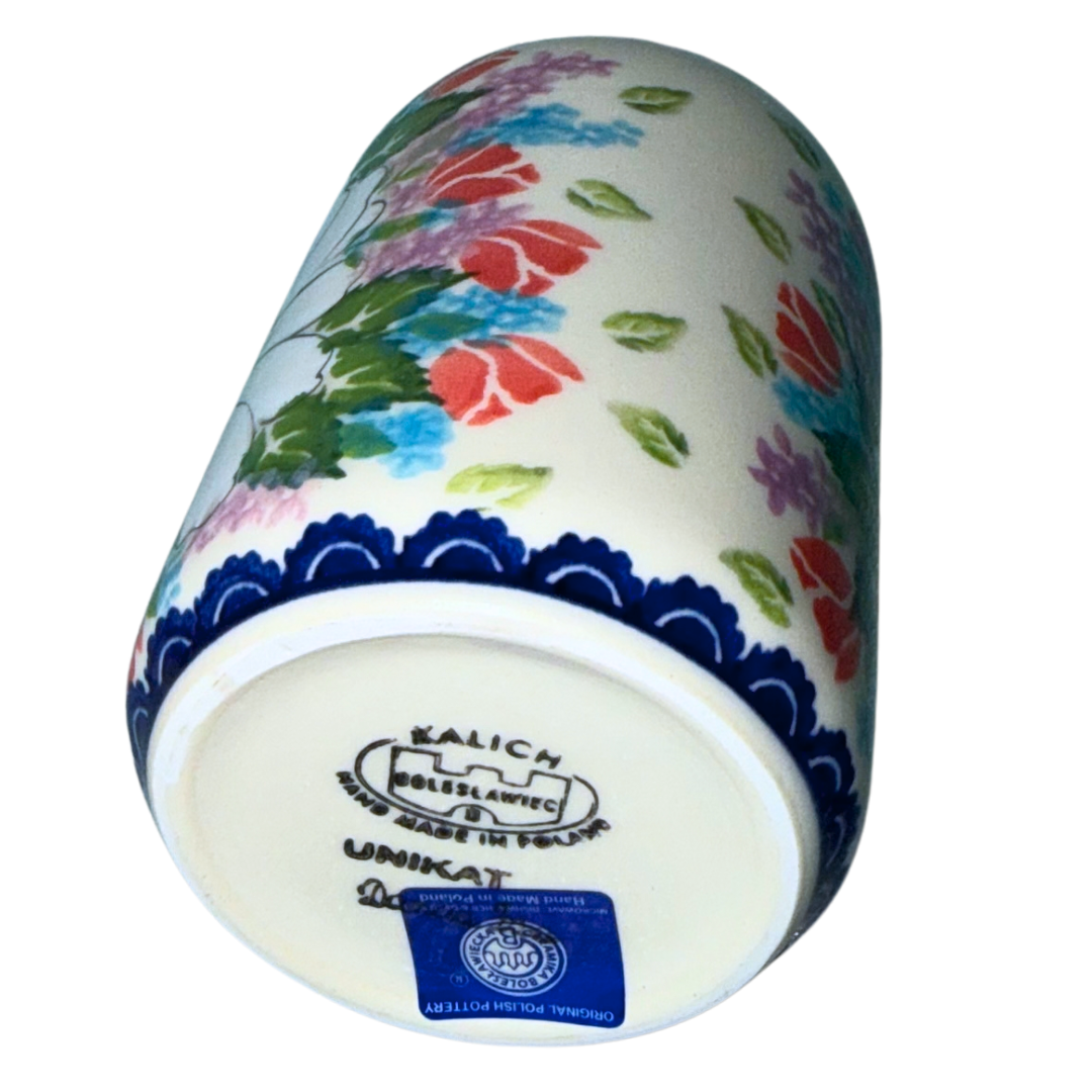 Ceramika Kalich Polish Pottery soap dispenser with hand-painted white, red, blue and lavender garden flowers, handcrafted in Bolesławiec Poland.