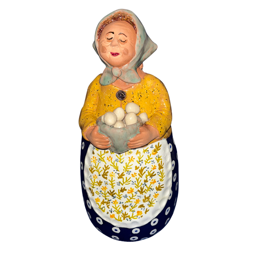 Polish Grannie Babcia with Bowl of Eggs Hand sculpted Folk Art 12 inch 7759