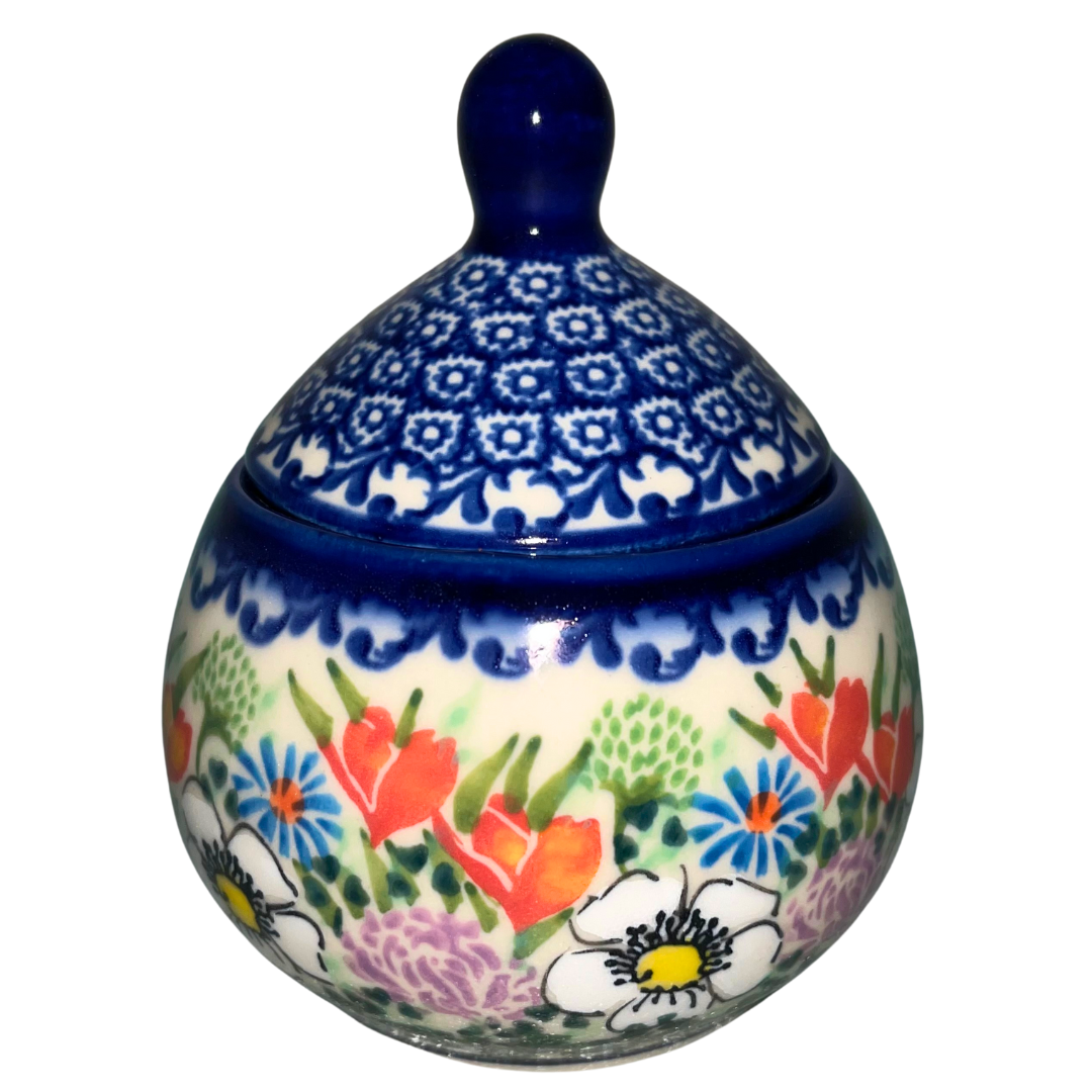 Kalich Polish Pottery 629 Ophelia pattern, hand-painted floral and cobalt lace design, UNIKAT Bolesławiec stoneware, vibrant garden motif with classic blue detailing.
