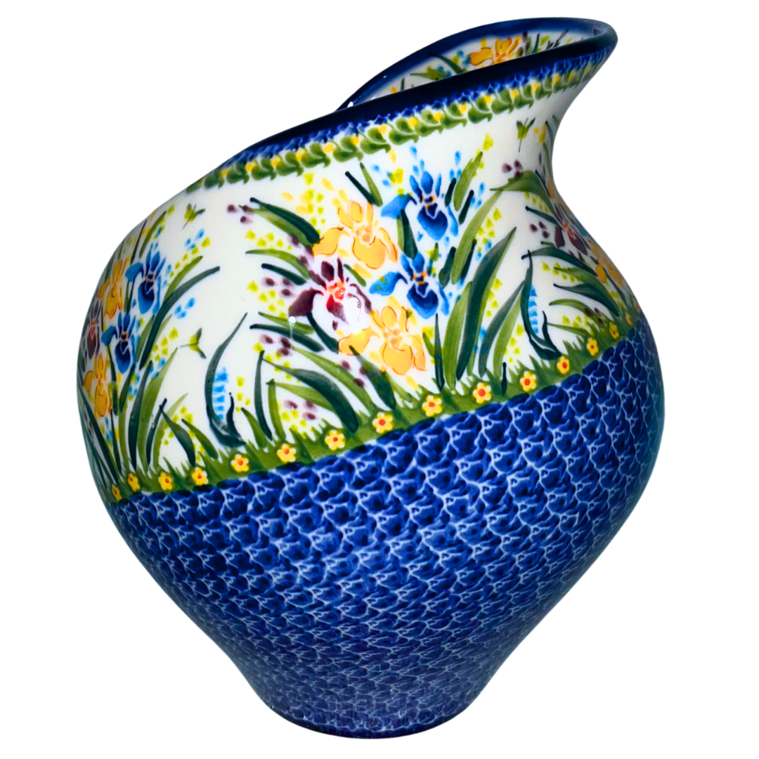 Handmade Kalich Polish Pottery tulip vase in Pattern 895 Iris. Hand-painted floral design with rich blue accents. Made in Bolesławiec, Poland.