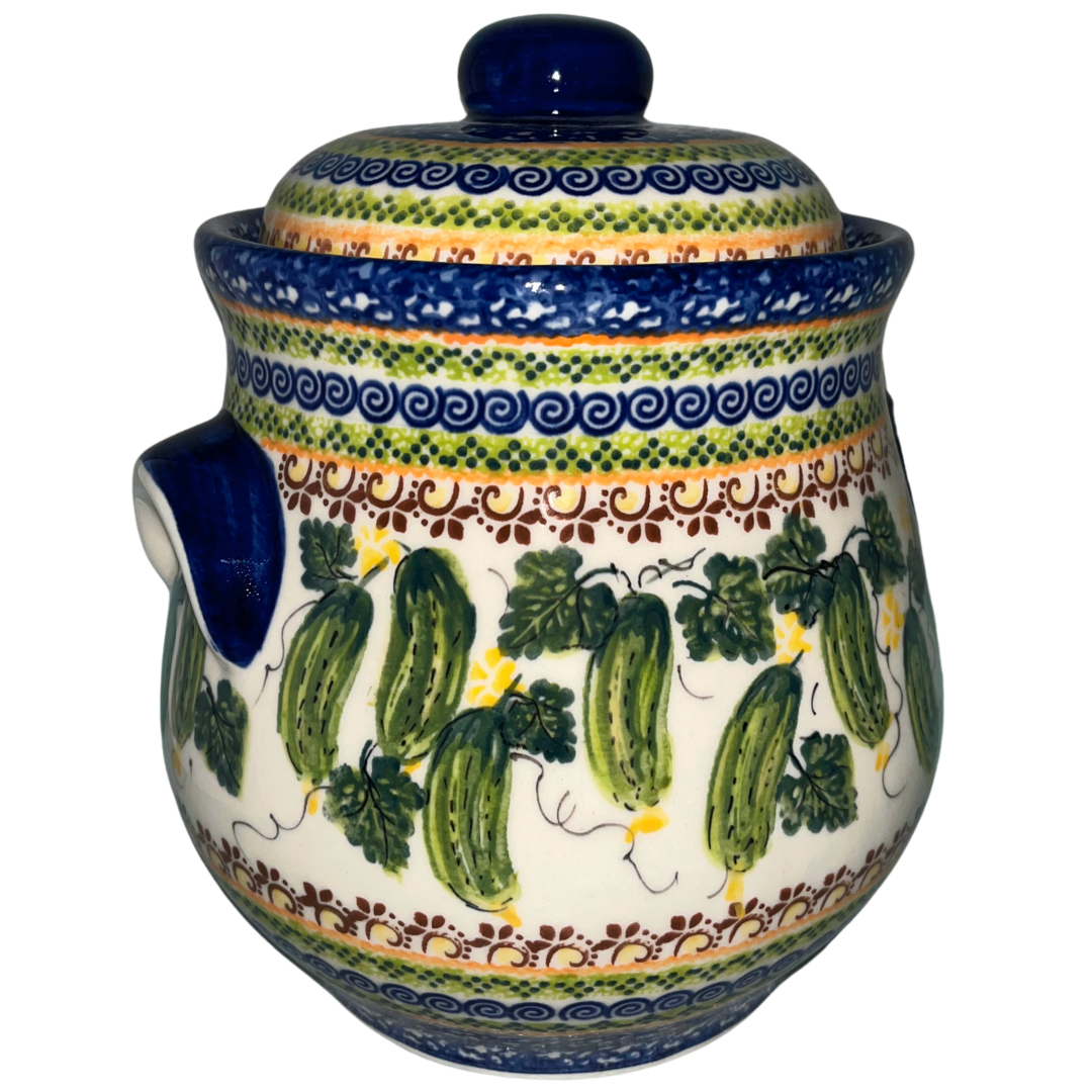 Kalich Polish Pottery 101 oz Pickle Jar – hand-painted cucumbers. Food-safe stoneware from Bolesławiec, perfect for pickling, storage, and home décor. Dishwasher safe.