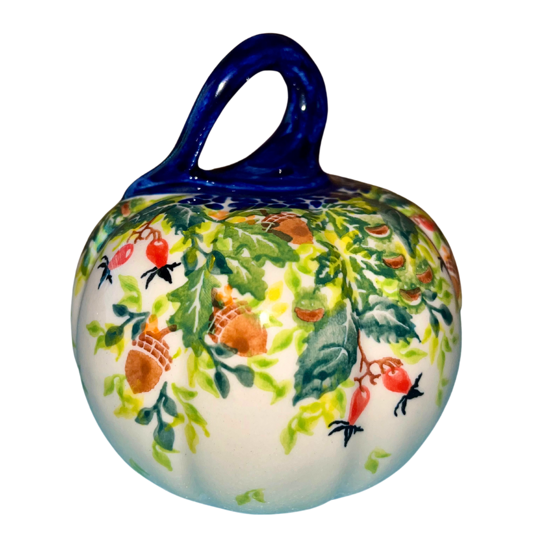 Handmade Kalich Polish Pottery pumpkin with acorns, oak leaves, and berries. Collectible fall décor, artisan stoneware crafted in Bolesławiec, Poland.