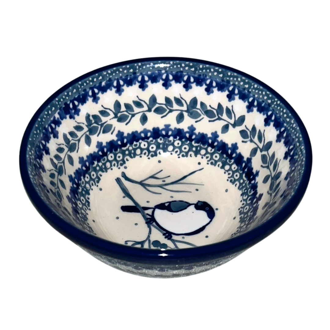 Ceramika Artystyczna U4830 POLISH POTTERY Unikat 5 inch Food Prep Bowl Bullfinch on Blue