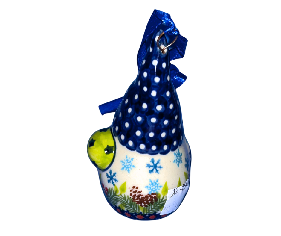 Hand-painted Kalich Polish Pottery Gnome Ornament — blue polka-dot hat, pine and berry accents, handmade in Bolesławiec, Poland.