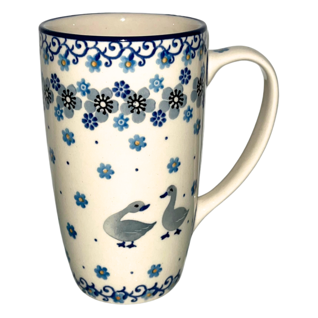 Ceramika Artystyczna Polish pottery pattern 2610X Friendly Fowl with blue florals and ducks. Handmade stoneware from Bolesławiec, durable and dishwasher safe.