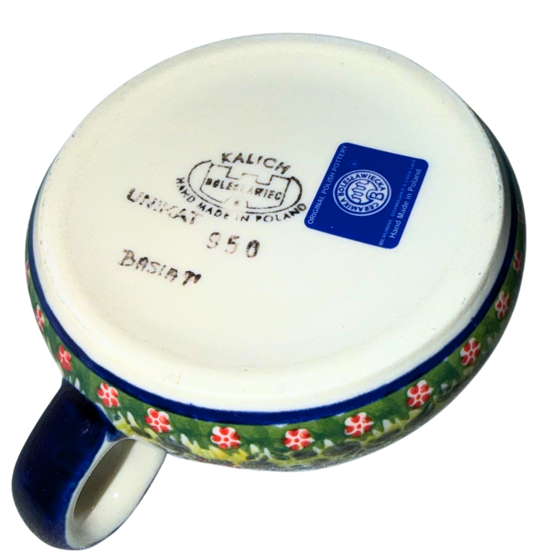 Ceramika Kalich Pattern 950 Polka Chicken Polish pottery with hand-painted hens and floral garden design. Authentic