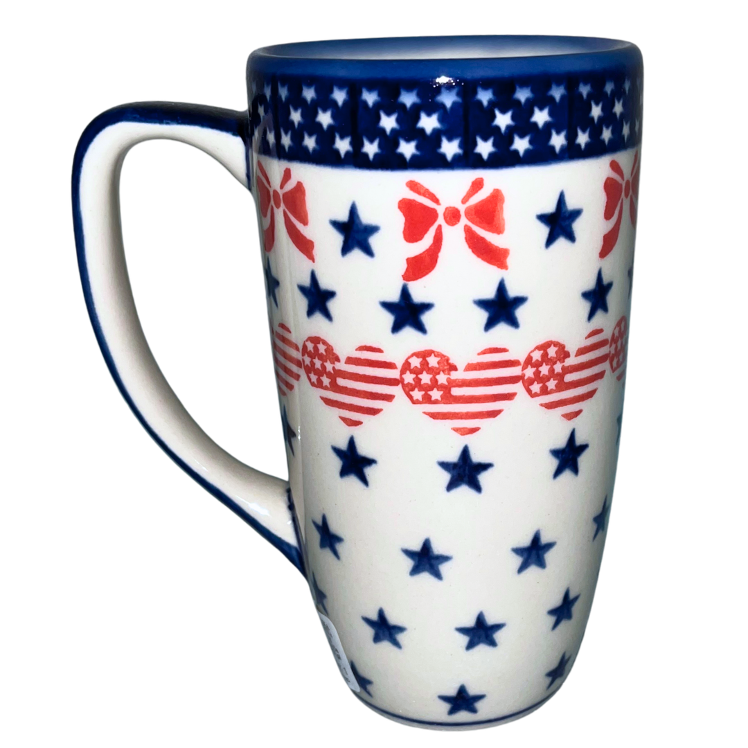 Ceramika Kalich Stars & Stripes features red, white and blue stars with patriotic heart motifs and cobalt accents. Hand-painted Polish pottery handcrafted in Poland.