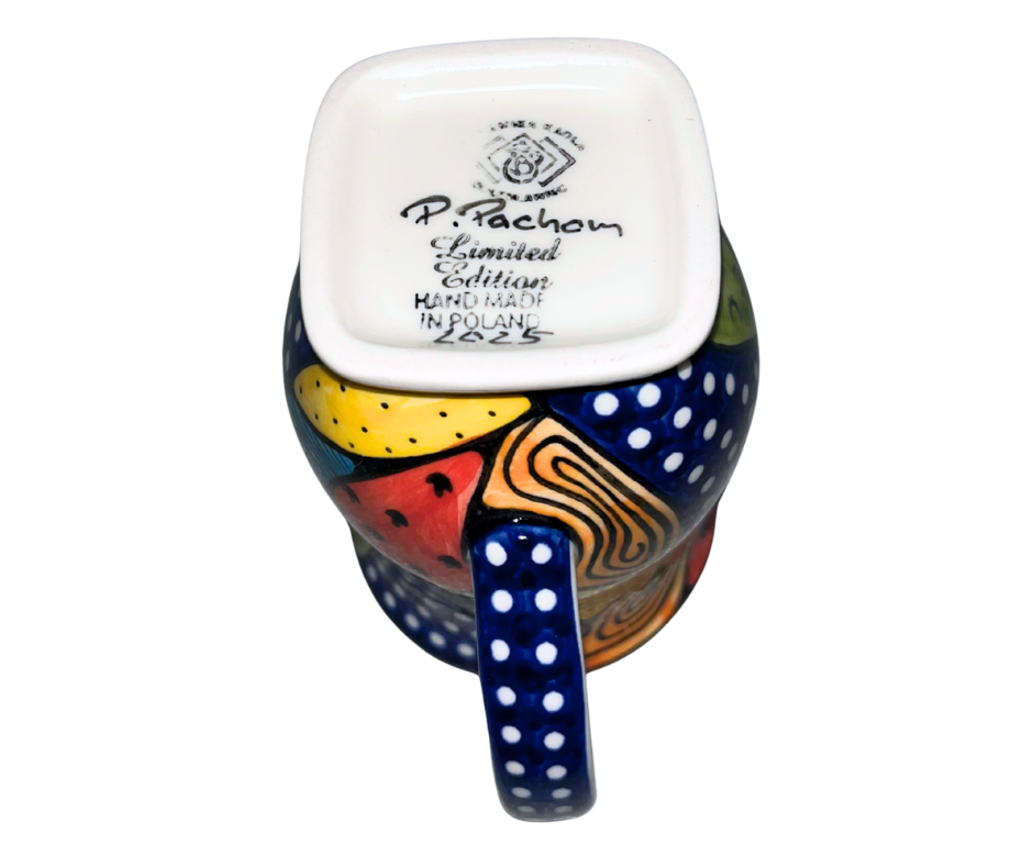 Limited Edition 2025 Polish pottery tulip mug by Kaola Studio, signed by P. Pachum. Impressionist Unity pattern, hand-painted in Bolesławiec, Poland.