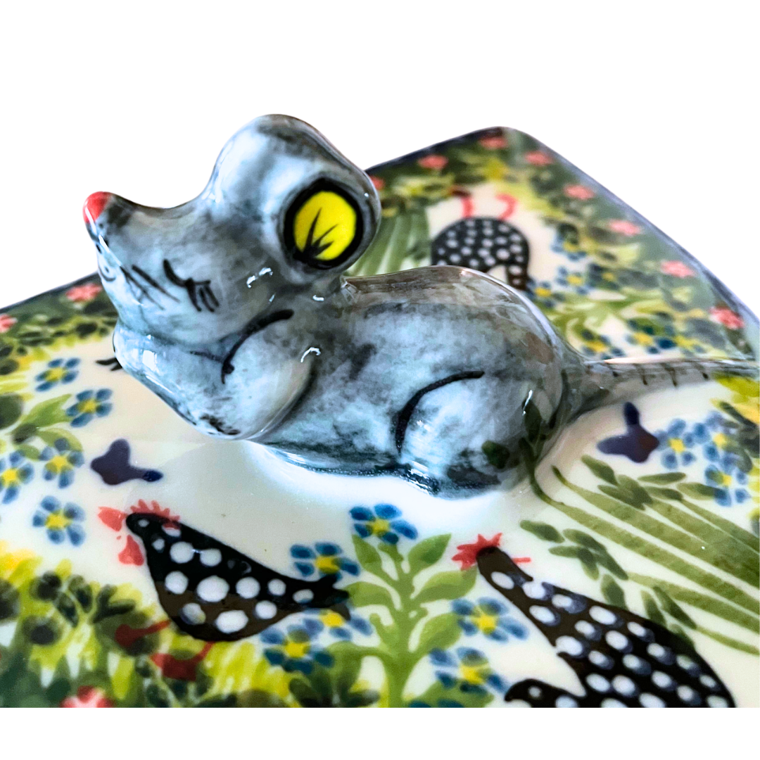 Ceramika Kalich Pattern 950 Polka Chicken Polish pottery with hand-painted hens and floral garden design. Authentic Bolesławiec stoneware, durable, dishwasher, microwave, and oven safe.
