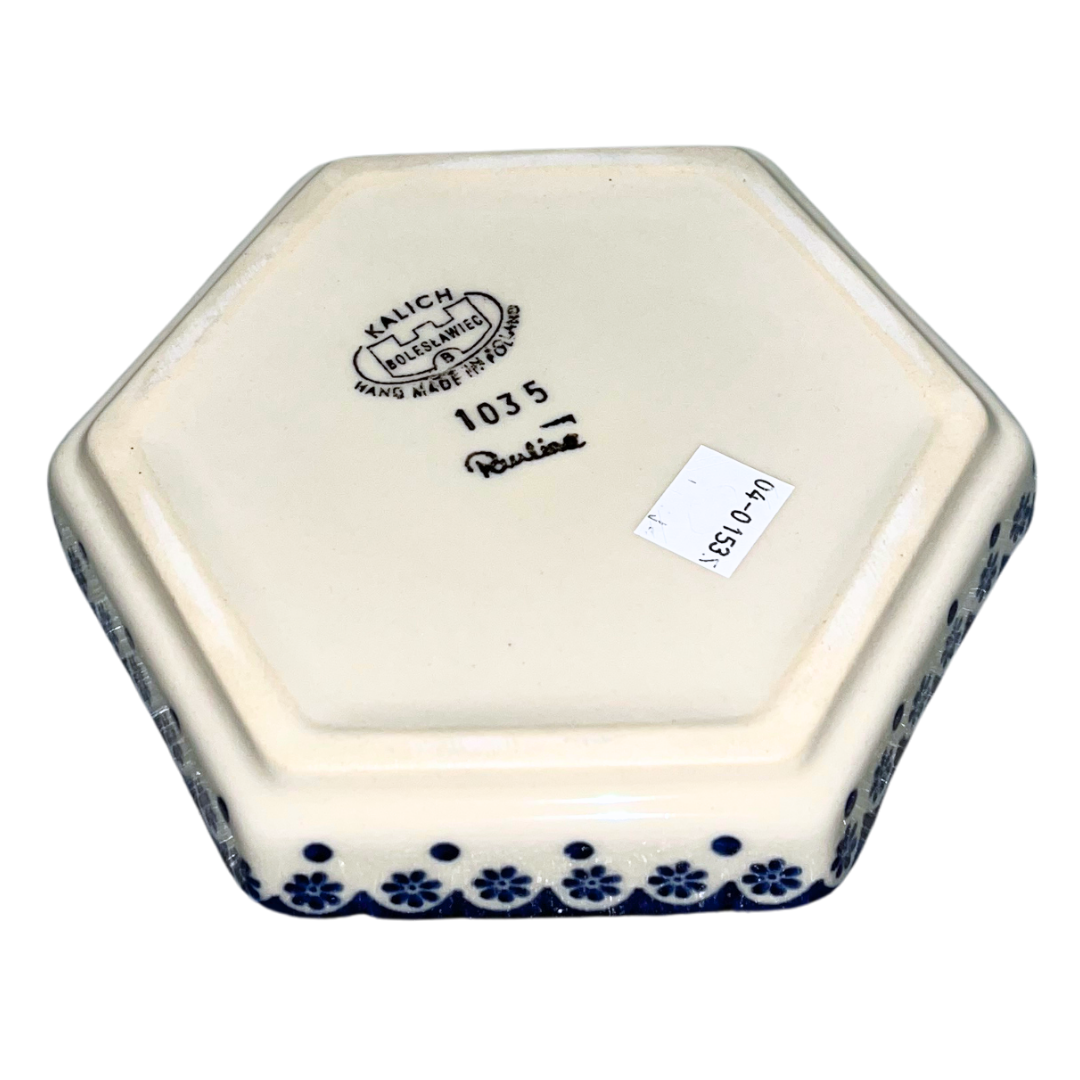 Ceramika Kalich Pattern 1035 Queen Anne’s Lace Polish pottery with classic cobalt dots and floral border. Authentic Bolesławiec stoneware, durable, dishwasher, microwave, and oven safe.