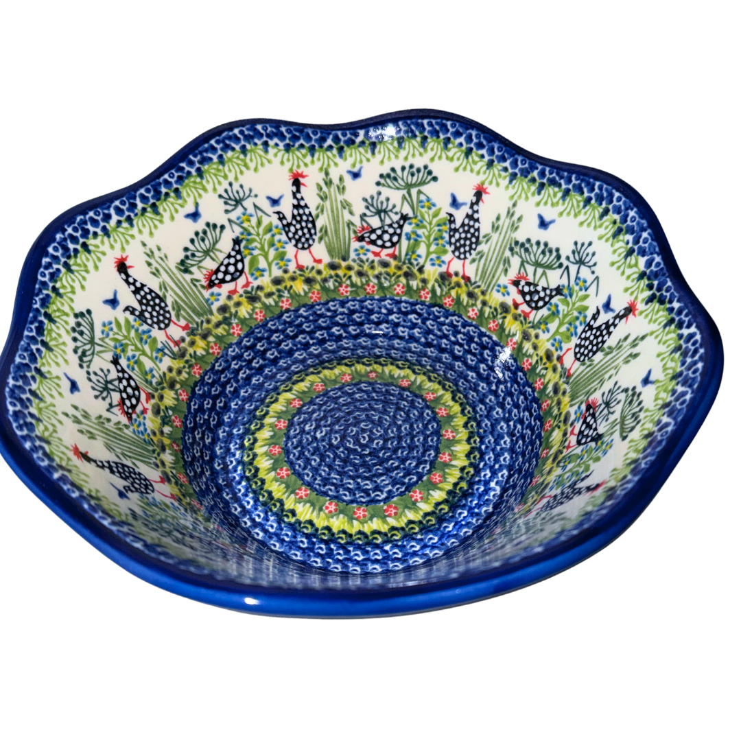 Ceramika Kalich Pattern 950 Polka Chicken Polish pottery with hand-painted hens and floral garden design. Authentic Bolesławiec stoneware, durable, dishwasher, microwave, and oven safe.