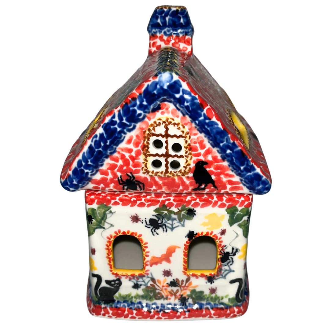 Hand-painted Kalich Polish Pottery Halloween House Luminary from Bolesławiec, Poland, featuring black cats, ravens, spiders, bats and autumn details.