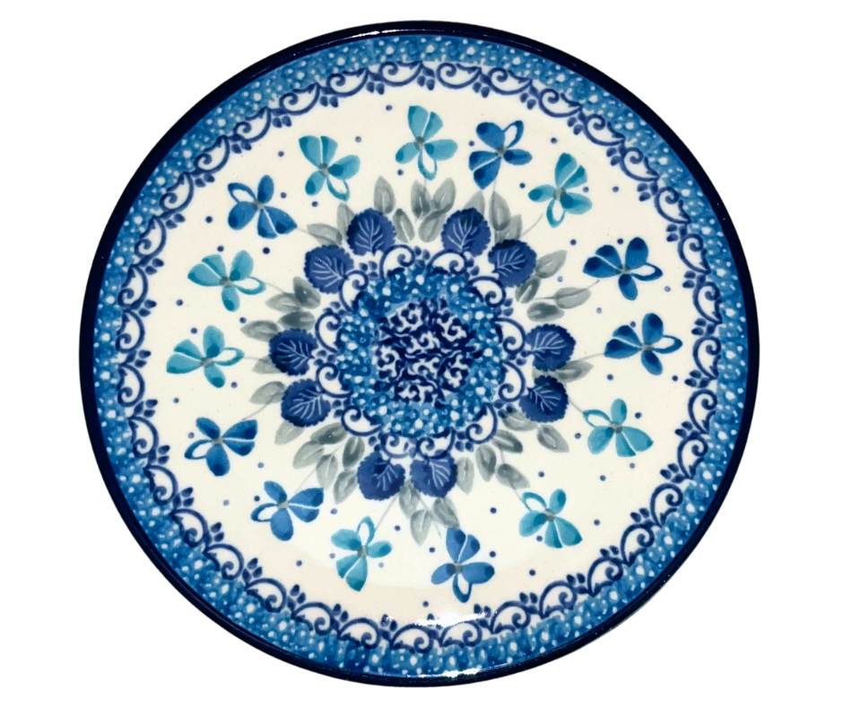 Ceramika Artystyczna Polish pottery in pattern 2898X Little Gems features intricate cobalt and teal florals with a textured gem-like center. Handmade stoneware from Bolesławiec, Poland.