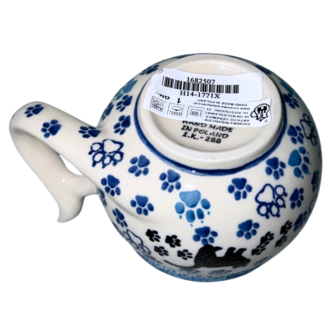 Ceramika Artystyczna Boo Boo Kitty 1771X Polish Pottery kitten cup and spoon set with black cat and blue paw prints, hand-painted in Bolesławiec, Poland.