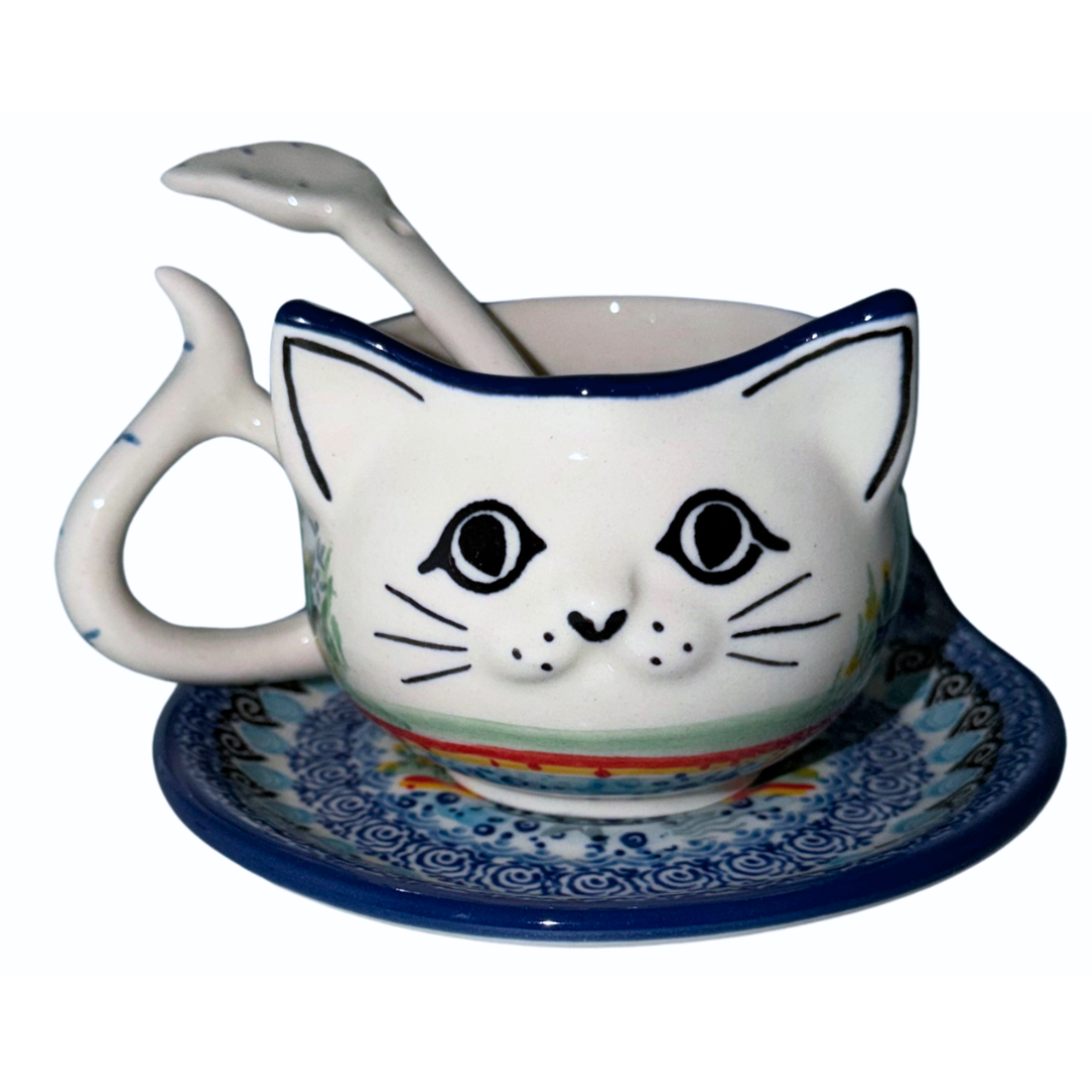 Ceramika Artystyczna Polish Pottery U5220 Lighthouse Kitty Cup, Saucer and & Spoon Set