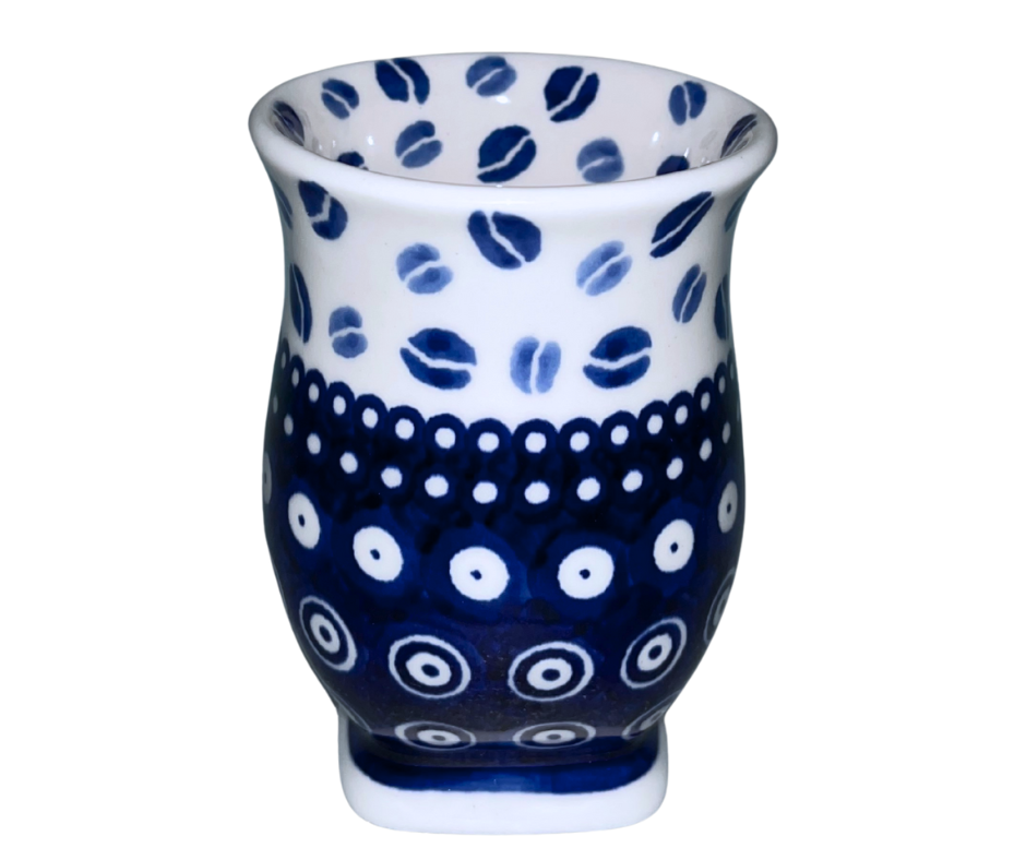 Limited Edition 2025 Polish pottery tulip mug by Kaola Studio, signed by artist P. Pachum. Hand-painted & stamped cobalt design, handmade in Bolesławiec, Poland.