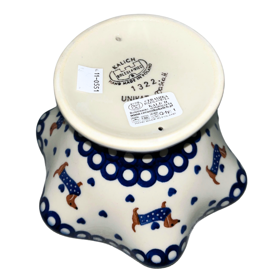 Ceramika Kalich Pattern 1322 Dachshunds features playful dachshunds in blue coats with scattered blue hearts and cobalt accents. Hand-painted Polish pottery from Poland.