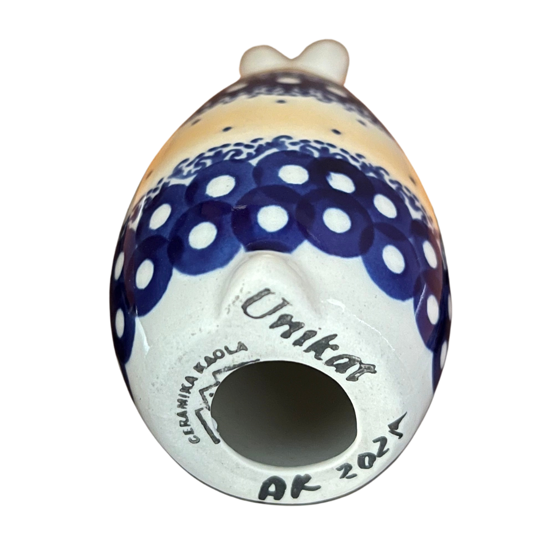 5.75" Polish pottery bunny by Kaola, hand-painted in cobalt & soft peach, signed A K. Glossy, durable, collectible ceramic figurine.