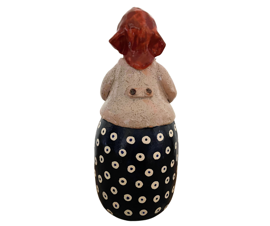 Handmade 12″ Polish Babcia figurine holding a book. Hand-painted ceramic collectible from Poland. Folk art décor.