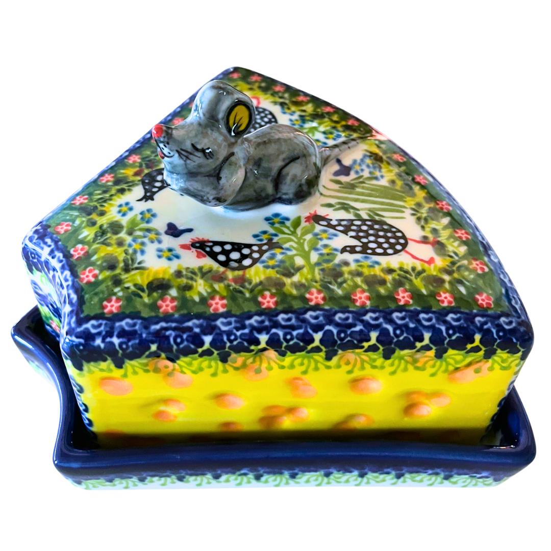 KALICH POLISH POTTERY Mouse Cheese Box in Polka Chicken 950