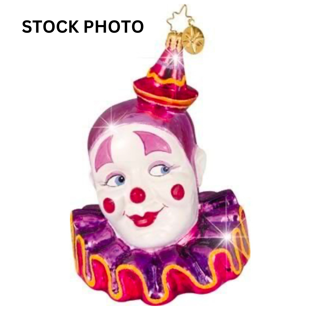1010771 Christopher Radko Clown Around Classics ornament—hand-painted glass clown with purple and gold accents. Made in Poland, full of vintage circus whimsy and holiday cheer.