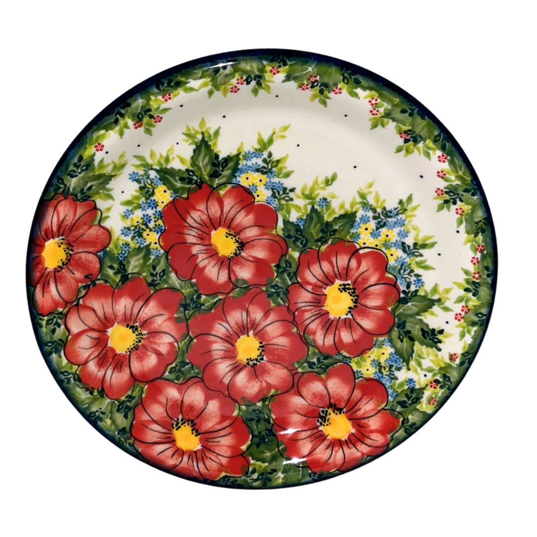 Kalich Polish Pottery Pattern 730 Red Poppy Garden, hand-painted red floral design with green foliage and cobalt accents, Bolesławiec stoneware, durable, dishwasher and microwave safe.