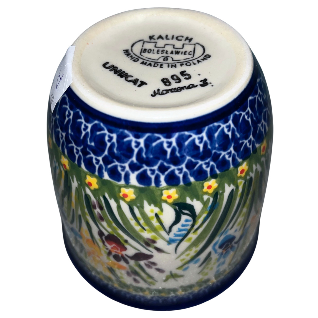 Ceramika Kalich Pattern 895 Iris Polish pottery with hand-painted blue, yellow, and burgundy flowers. Durable, dishwasher safe stoneware from Bolesławiec.