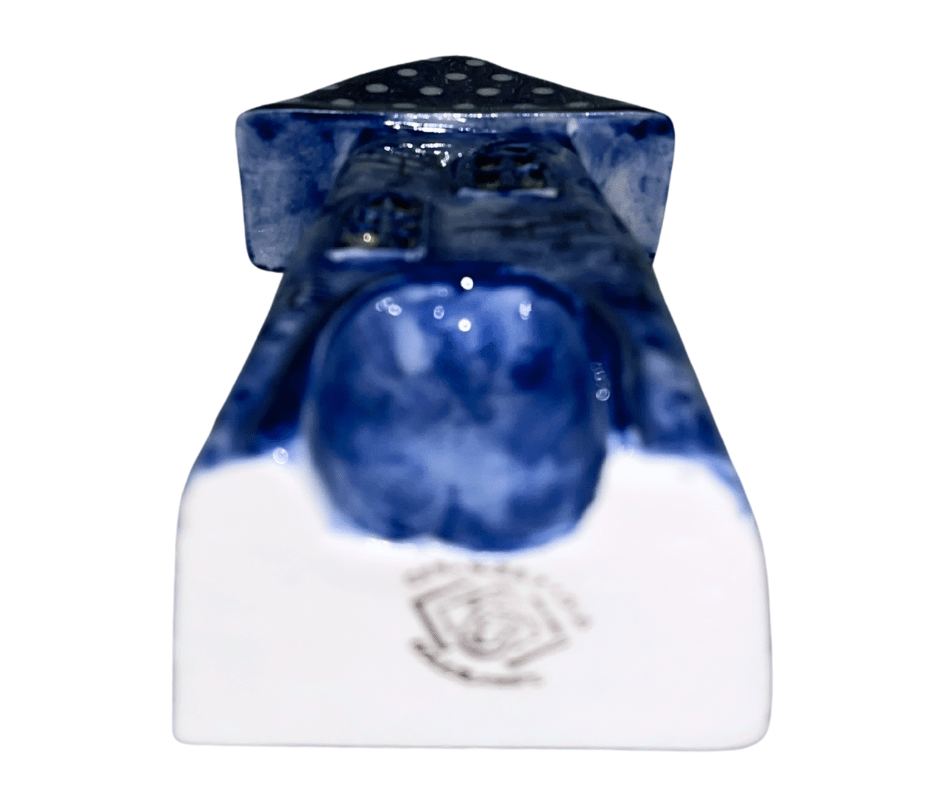 Handmade Polish pottery blue house by Kaola Studio. Whimsical folk art décor with a polka-dot roof, crafted in Poland. A charming accent for shelves or gifts.